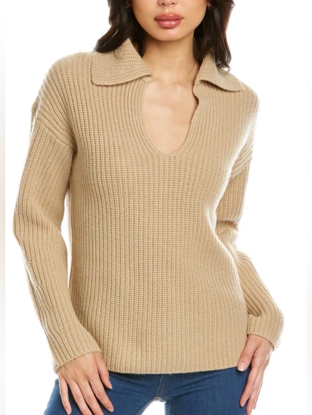 Vince cashmere wool collared ribbed sweater in Fauna Beige size XS
